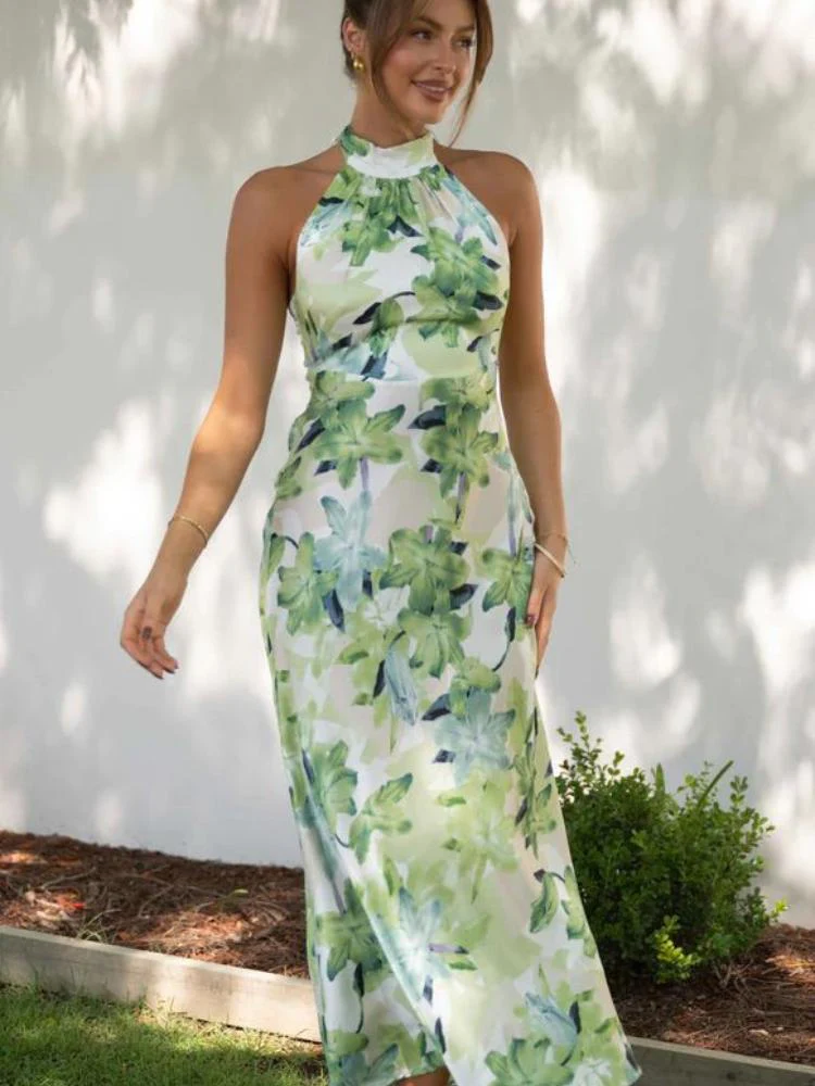 Abigail® | Printed Halterneck Midi Dress In Backless Satin - Image 4