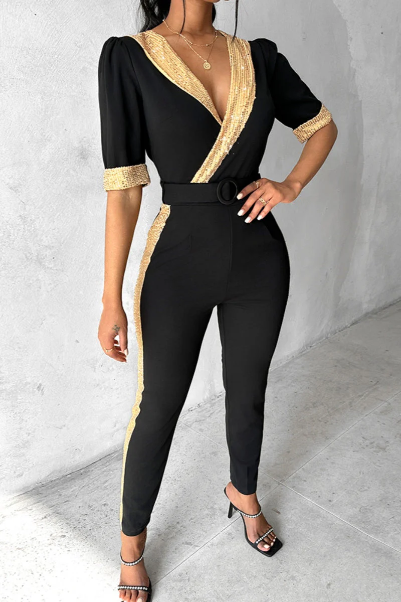 Adela | Casual slim jumpsuits with patchwork sequins and V-neck - Image 5