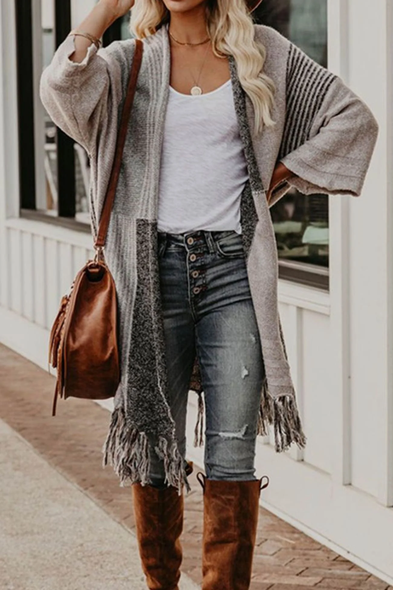 Adela | Shawl cardigan with contrast fringed hem