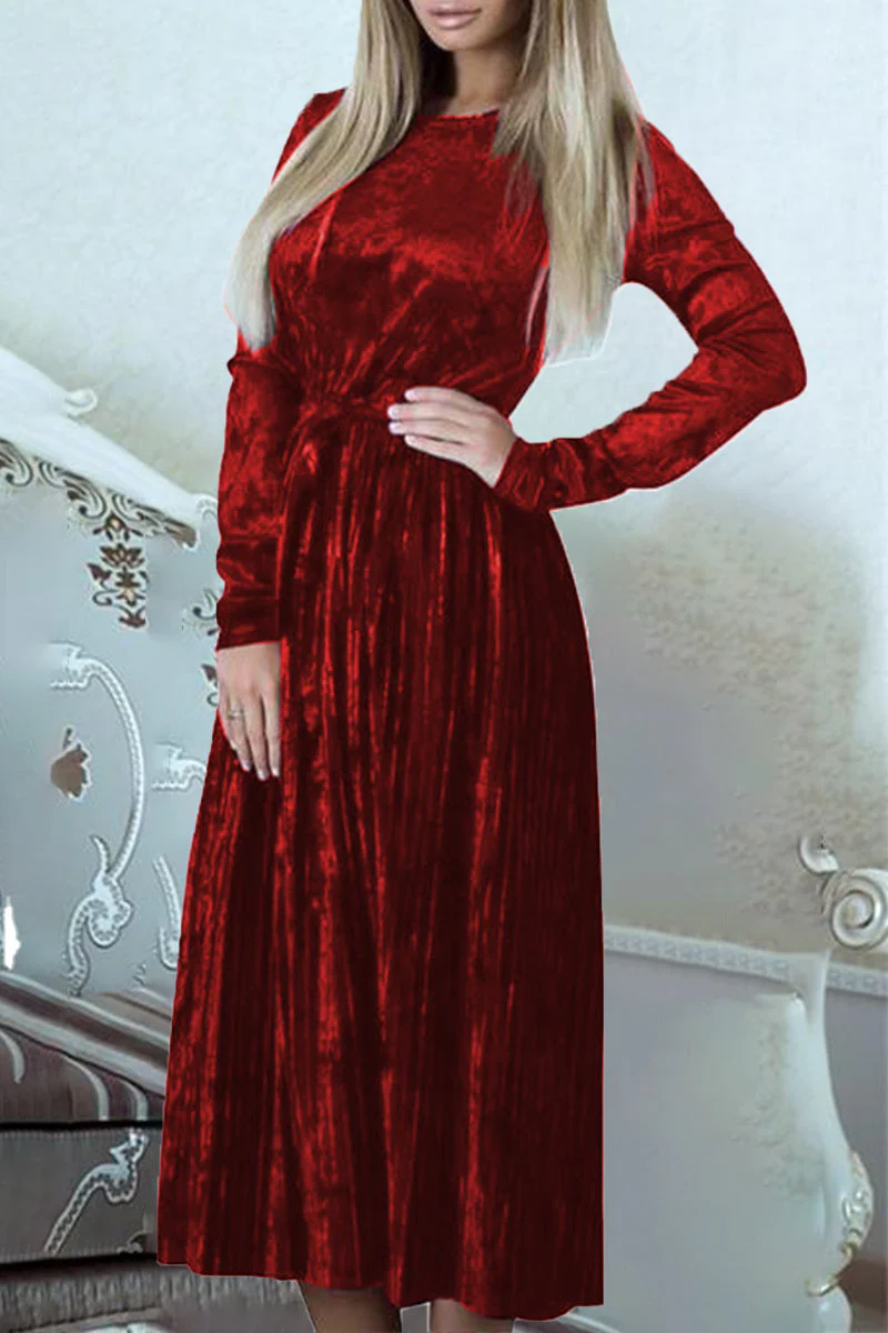 Adela | Solid color pleated dresses with frenulum O-neck