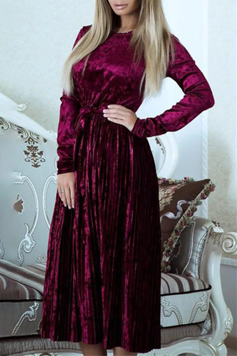 Adela | Solid color pleated dresses with frenulum O-neck - Image 2
