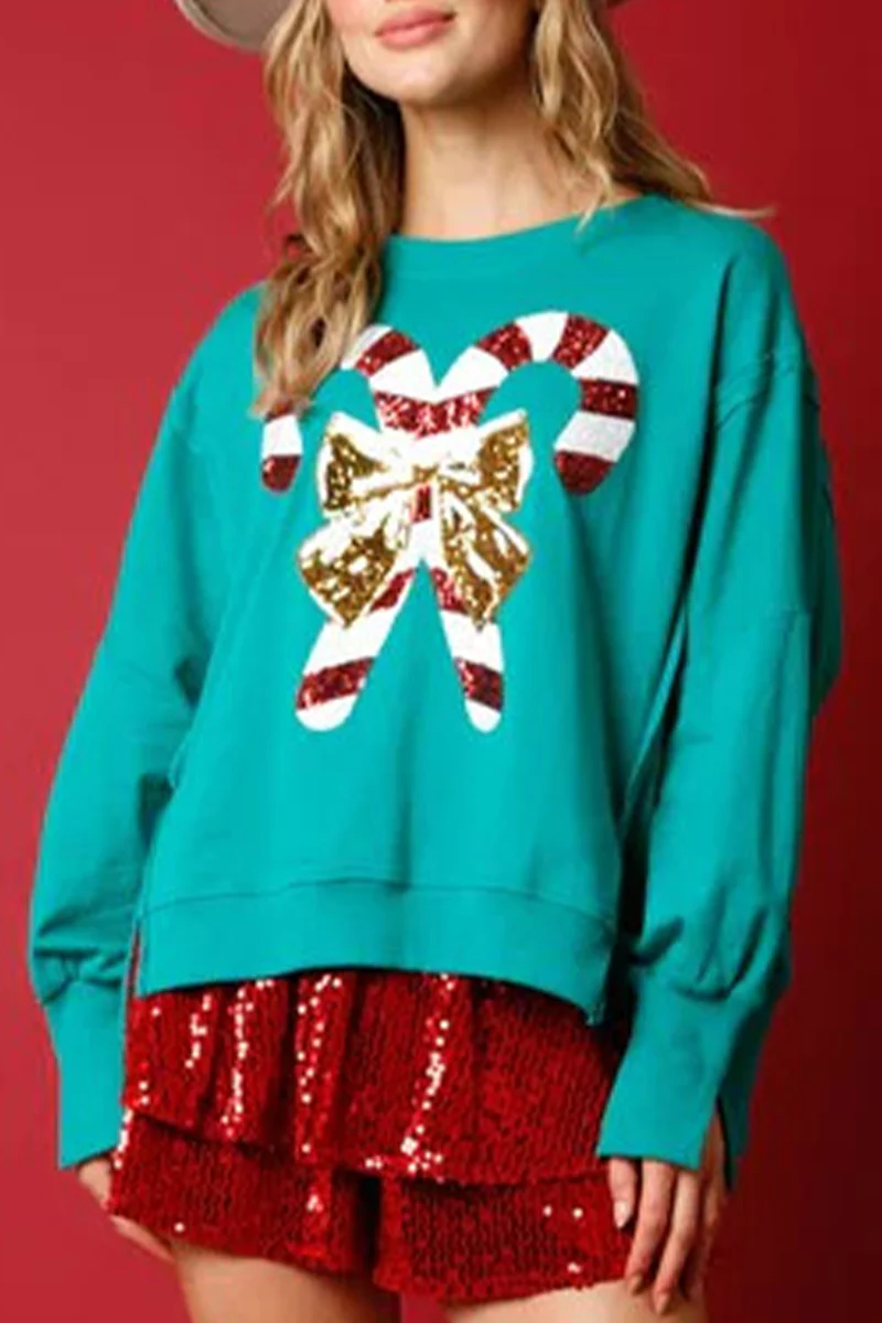 Adelaida | Casual solid color sequin print O-neck tops - Image 4