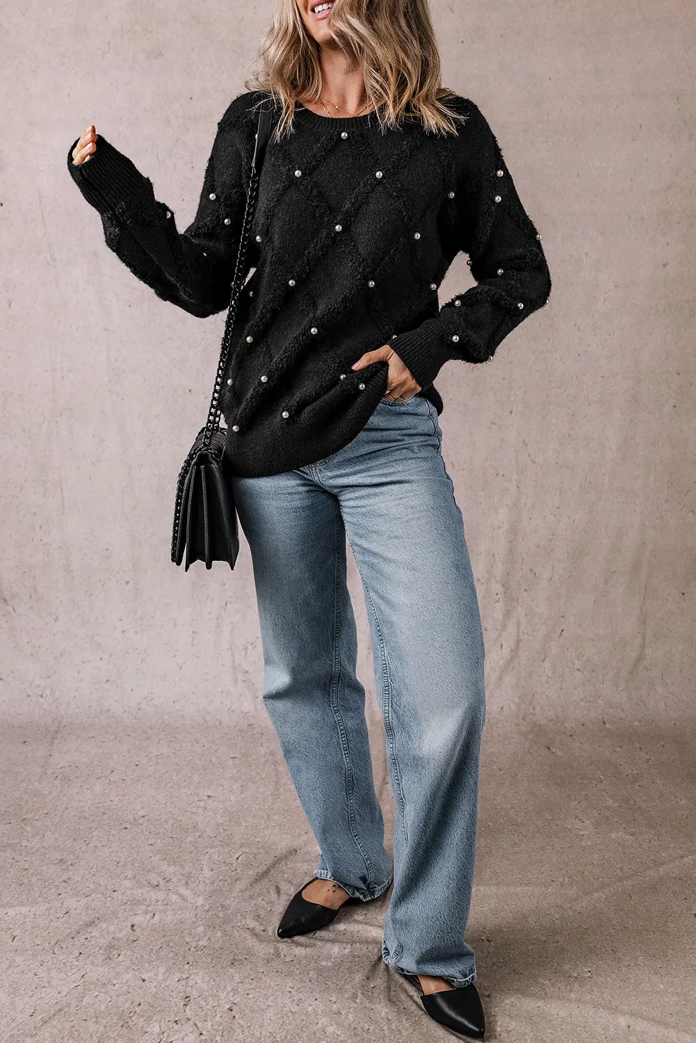 Adina | Long sleeve crew neck sweater with pearl detail - Image 5
