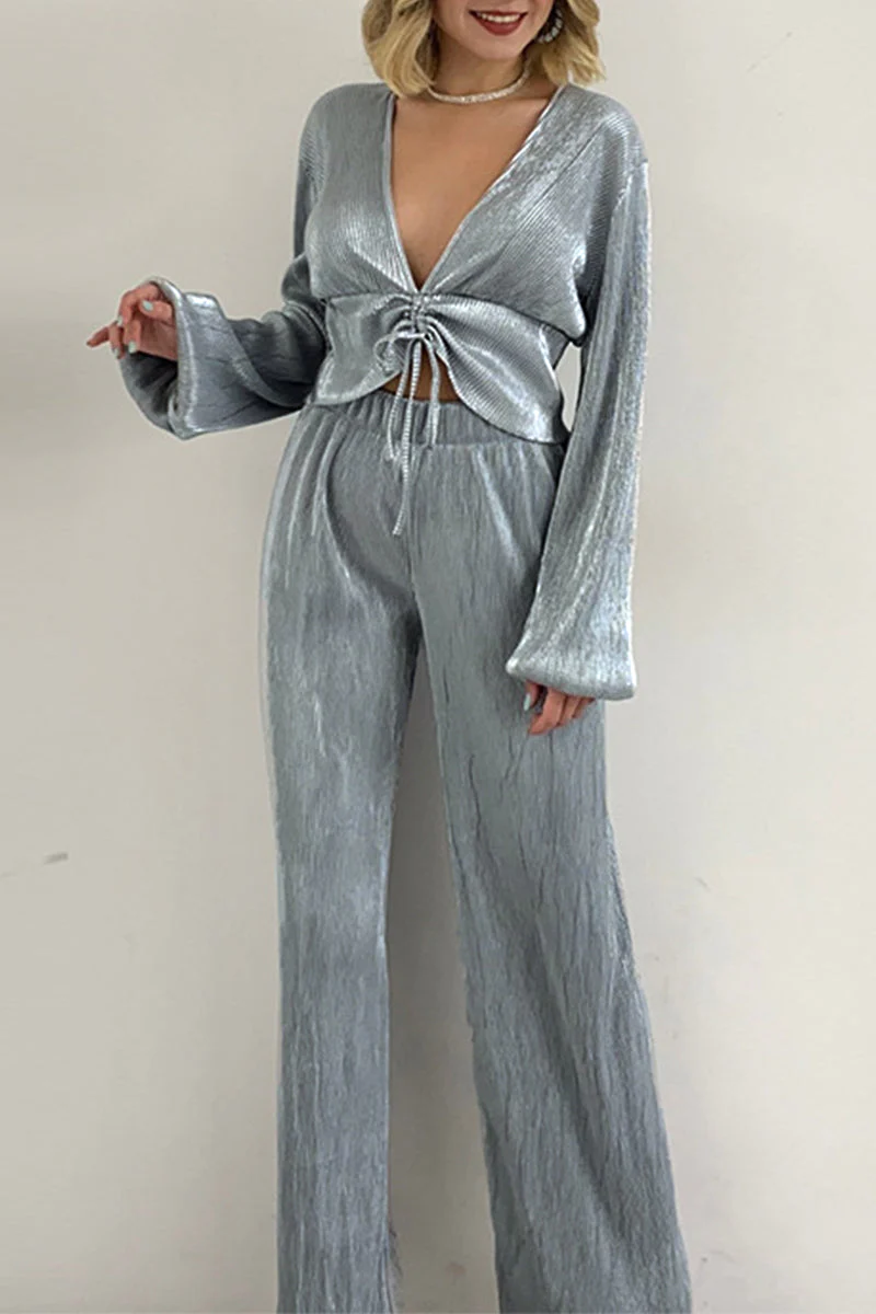 Adriana | Casual two-piece suit with fixed drawstring and V-neck and long sleeves - Image 3
