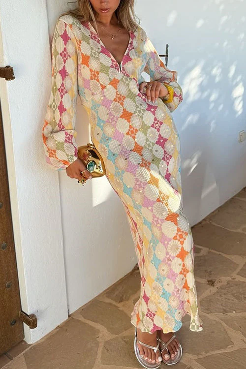 Adriana® | V-Neck Lantern Sleeves Geometric Print Maxi Dress - Image 3