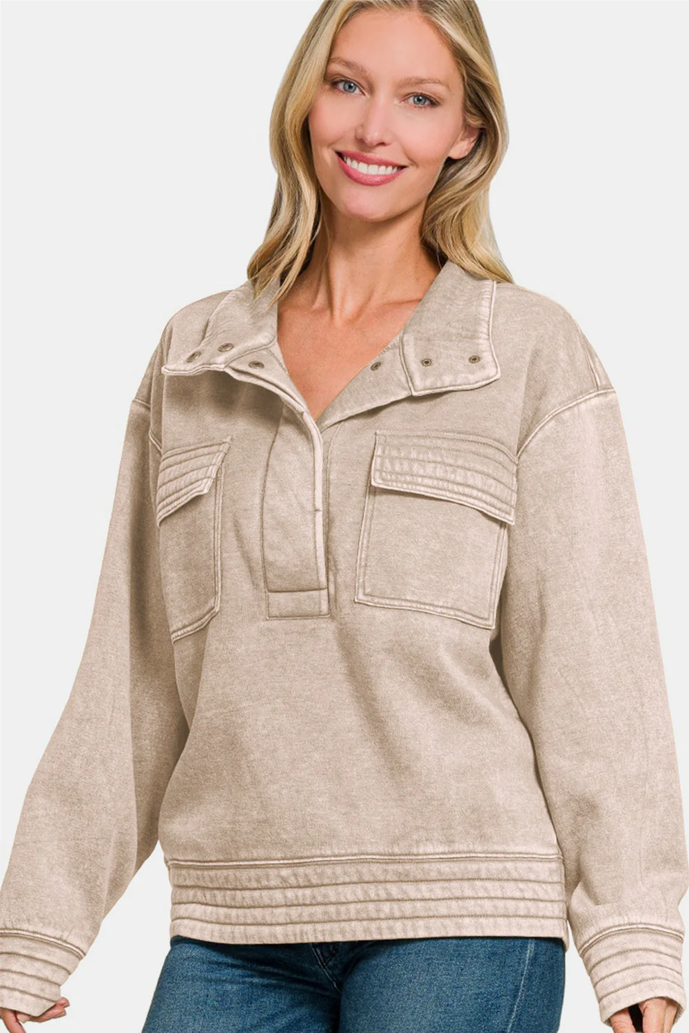 Adriana | Zenana Acid Washed Half Snap Fleece Sweatshirt - Image 3