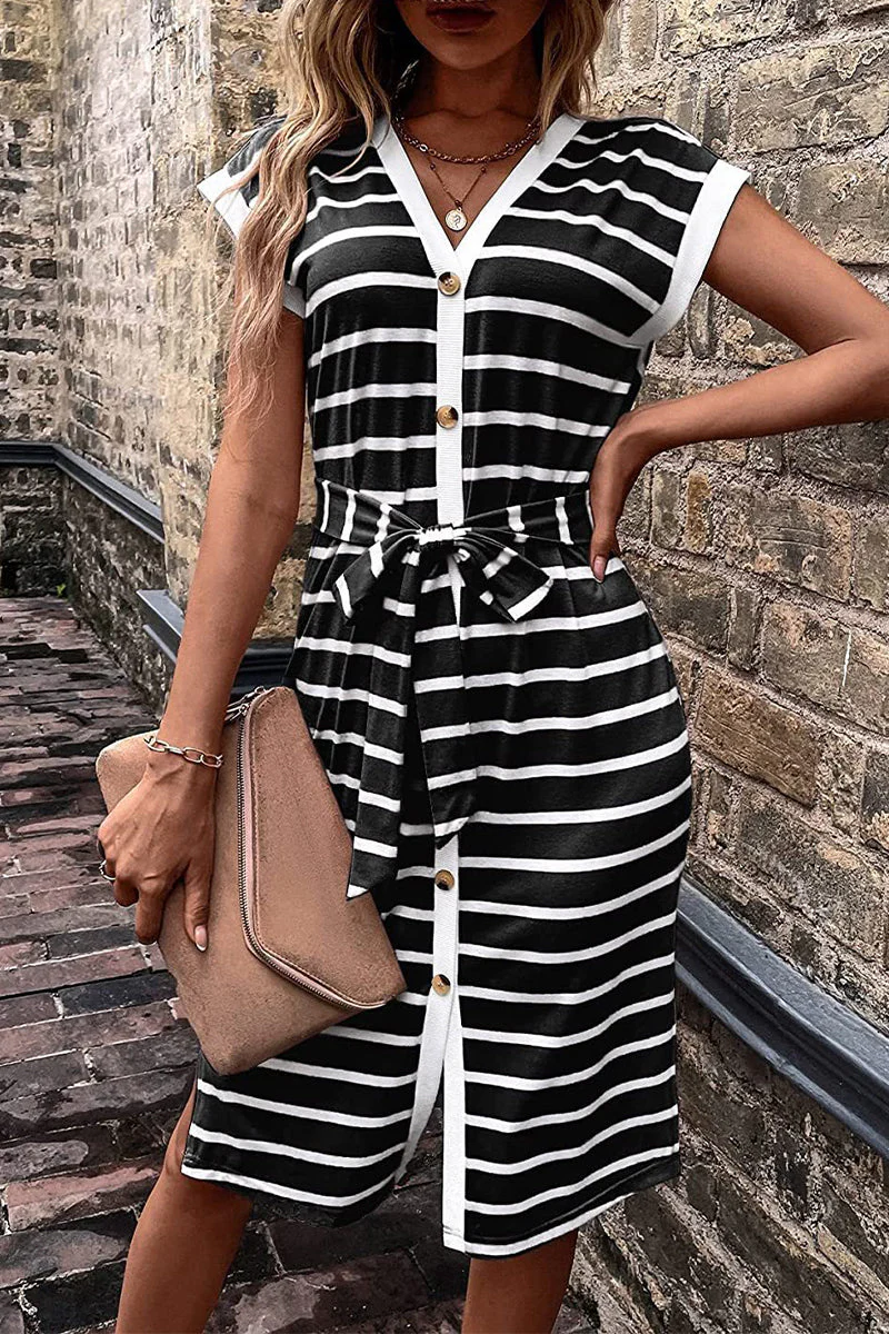 Agnese® | Elegant Striped Dress With V-Neck And Buttoned Waist - Image 2