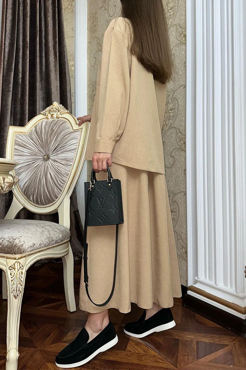 Agneta | Cute elegant solid color buttons, turn-down collar, long sleeves, two piece - Image 2