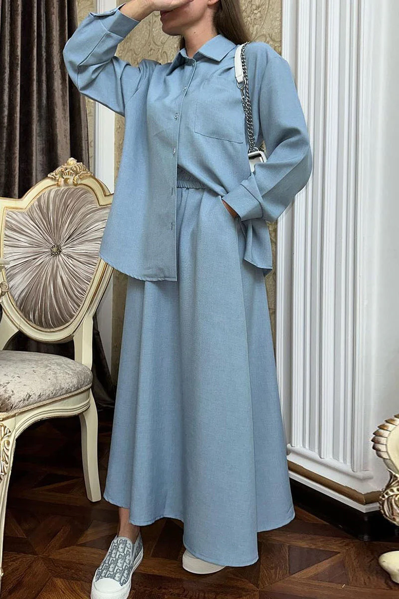Agneta | Cute elegant solid color buttons, turn-down collar, long sleeves, two piece - Image 3