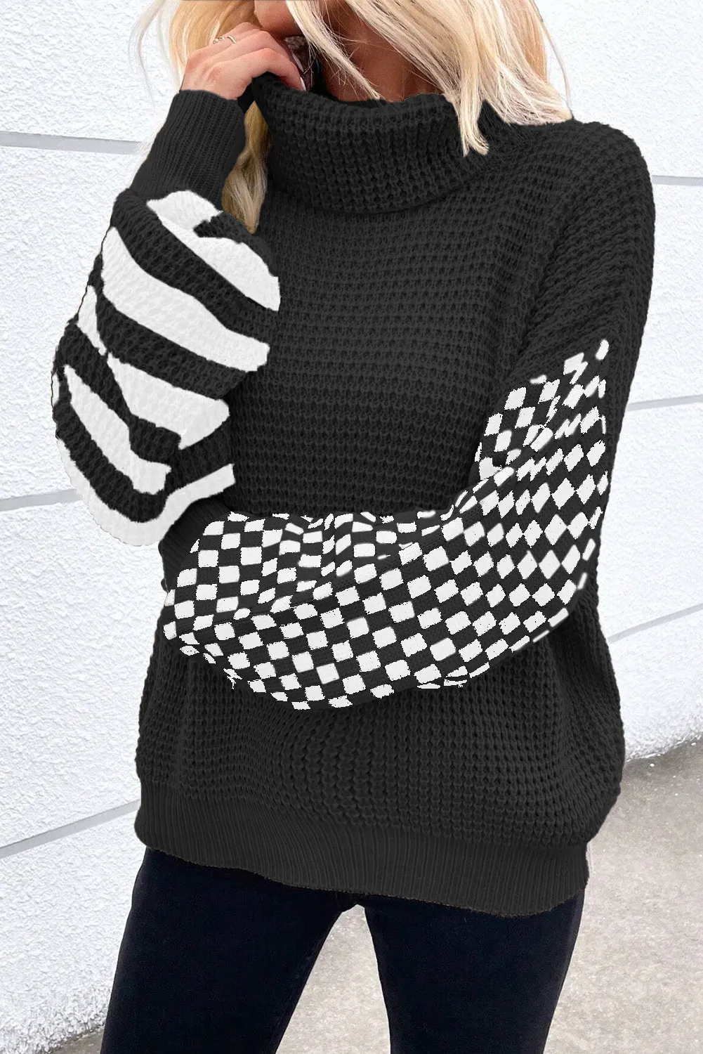 Agnieszka | Checked striped turtleneck sweater with long sleeves - Image 2