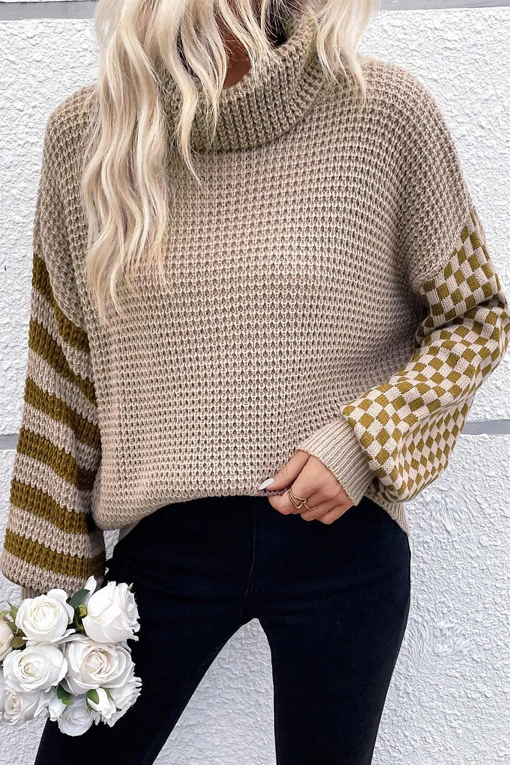 Agnieszka | Checked striped turtleneck sweater with long sleeves - Image 4