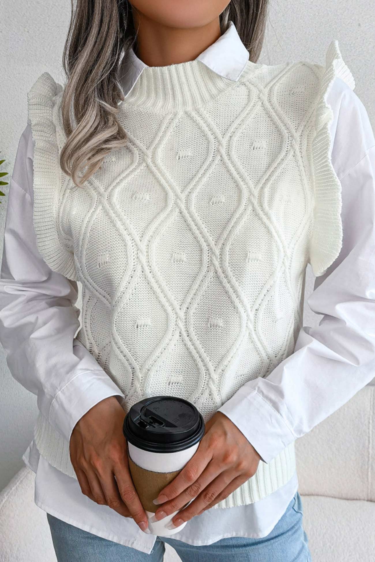 Aitana | Ruffle Argyle Knit Vest Sweater - Image 2
