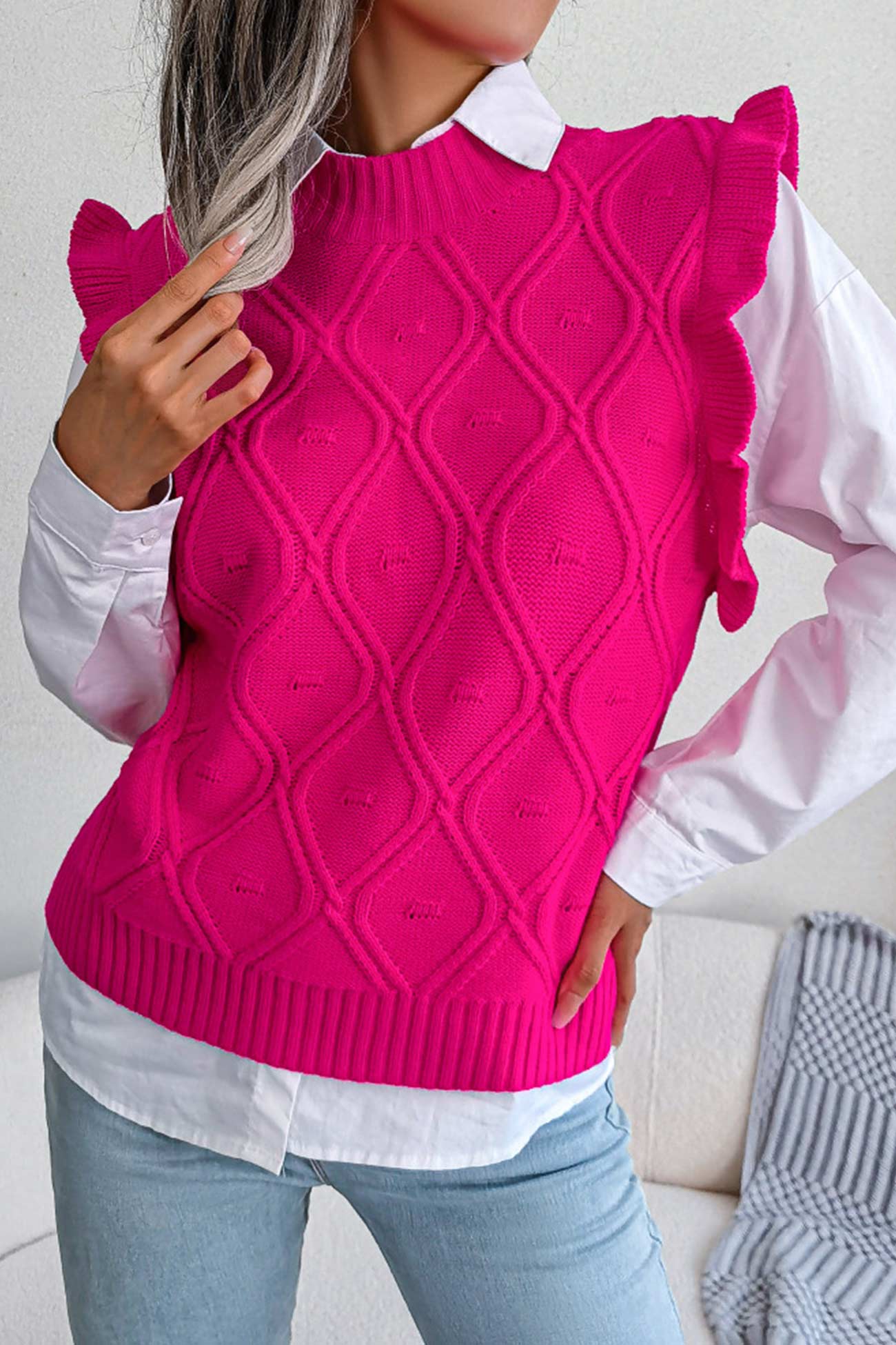 Aitana | Ruffle Argyle Knit Vest Sweater - Image 5