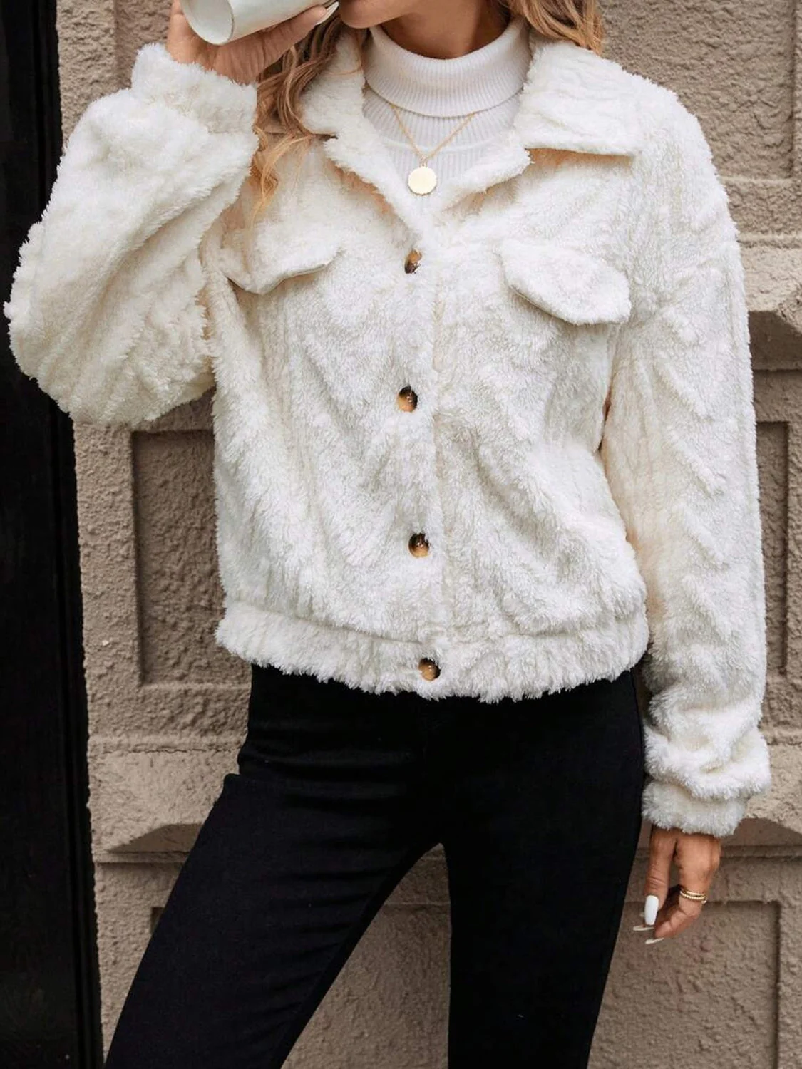 Alba | Buttoned fluffy outerwear with long sleeves - Image 2