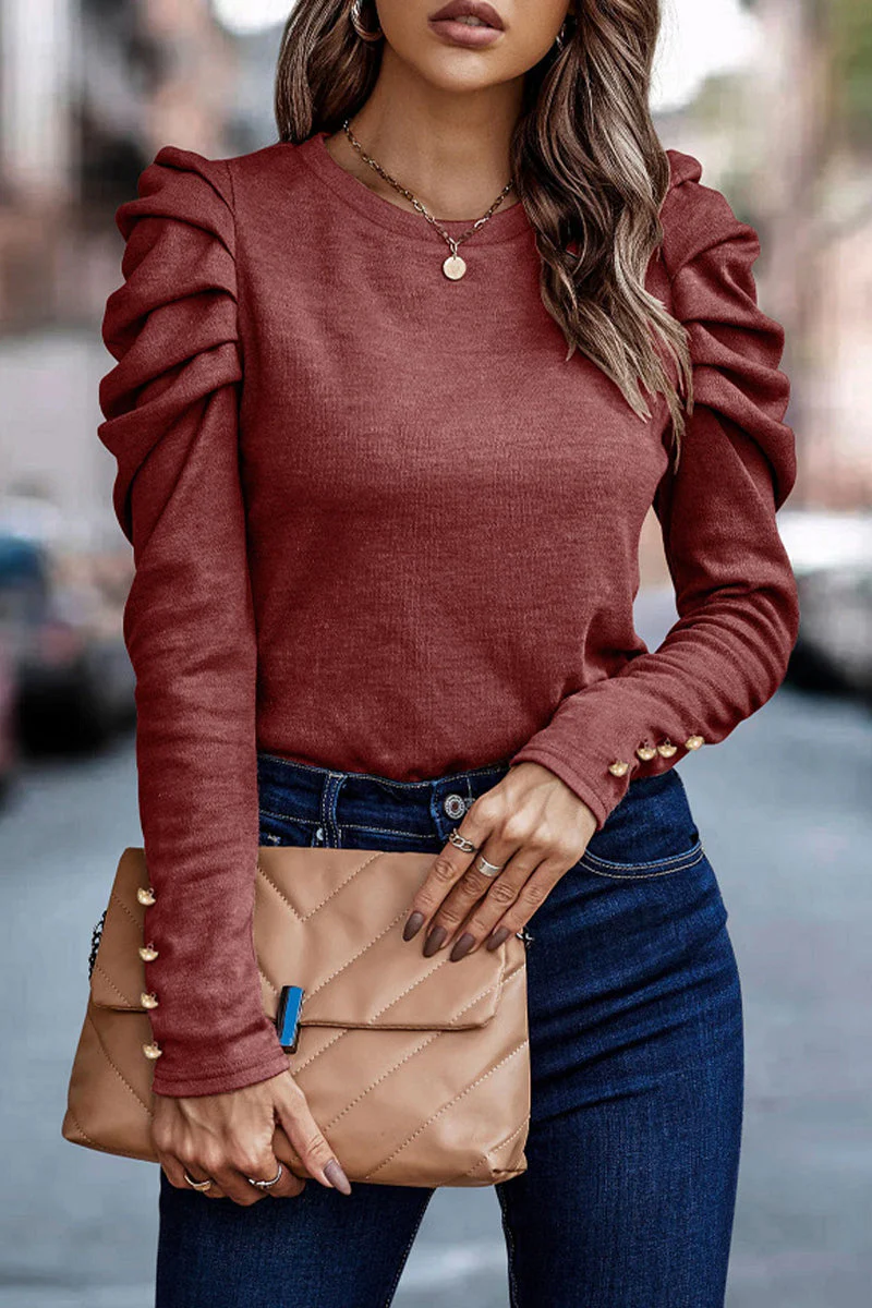 Alba | Casual solid color O-neck pleated tops - Image 10