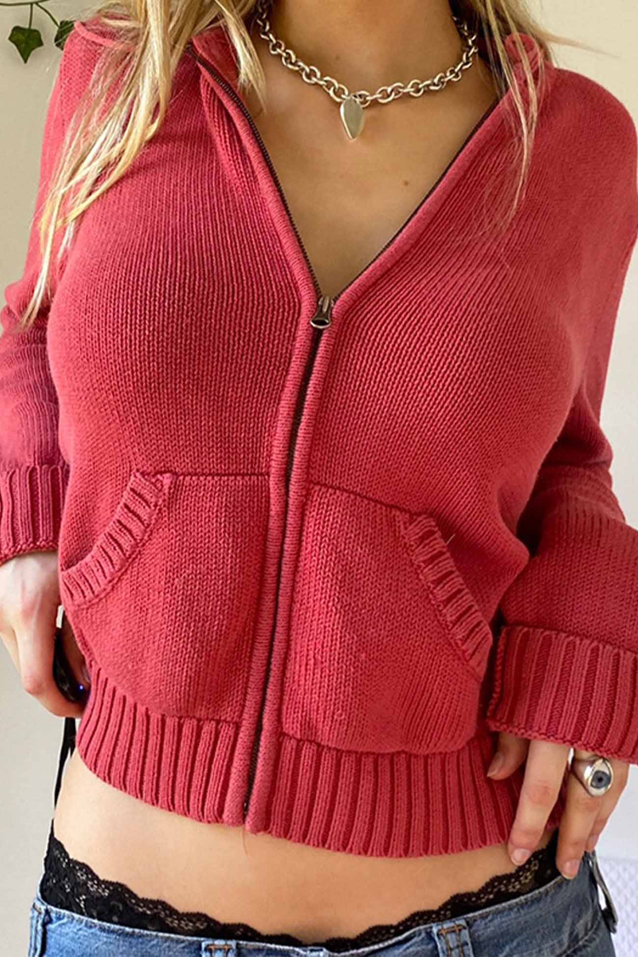 Alba | Solid color cardigan with hood and zip - Image 3