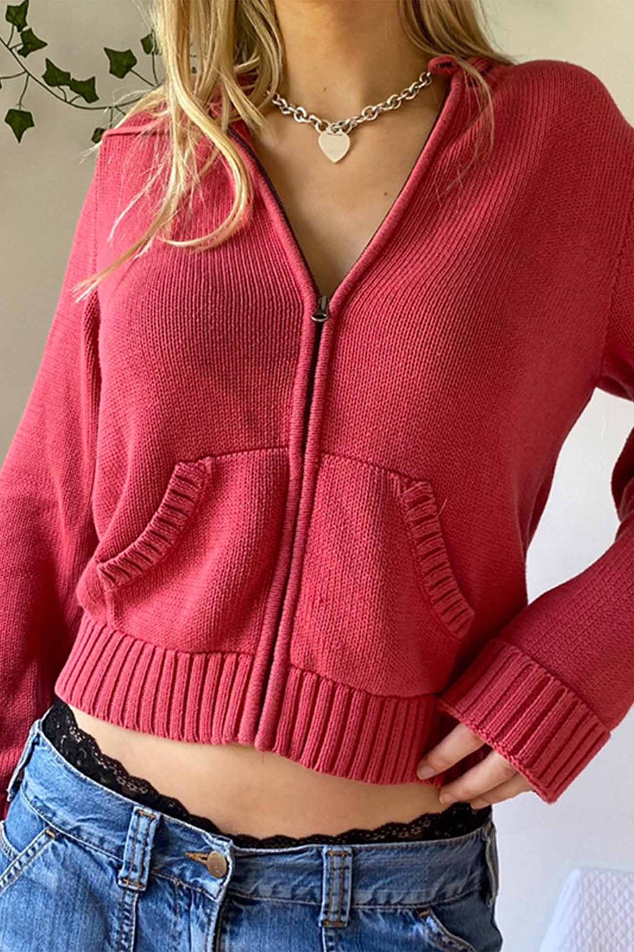 Alba | Solid color cardigan with hood and zip - Image 4