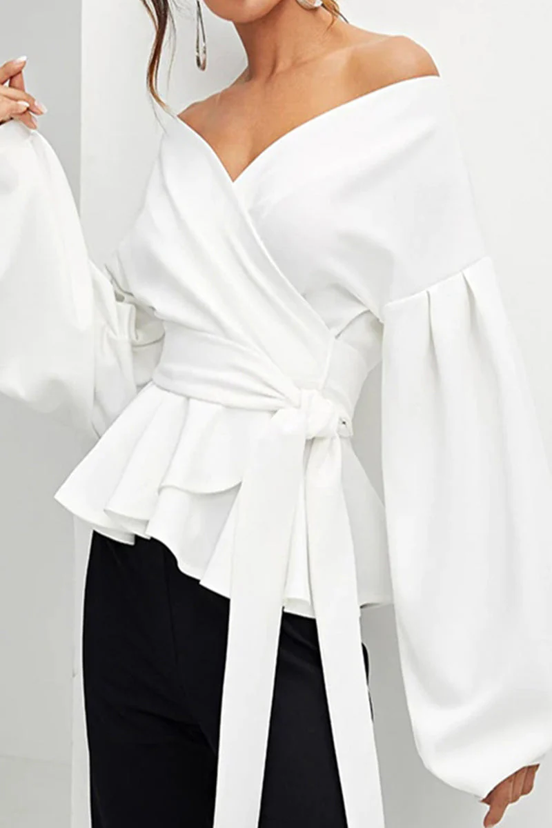 Alda® | Elegant Off-The-Shoulder V-Neck Blouse With Long Sleeves And A Cinched Waist - Image 2