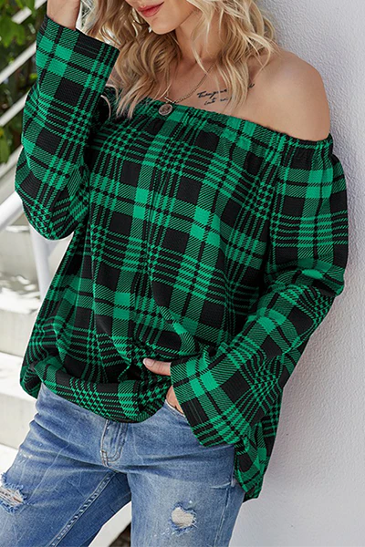 Aldina® | Casual Loose Plaid Off Shoulder Blouse - Image 2