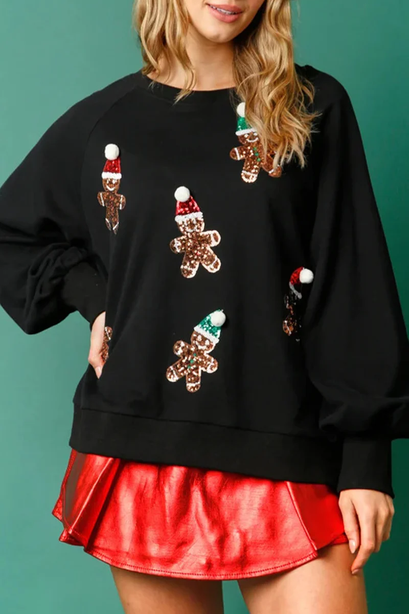 Alejandra | Casual Cute Santa Claus Sequin Patch O-Neck Tops - Image 4