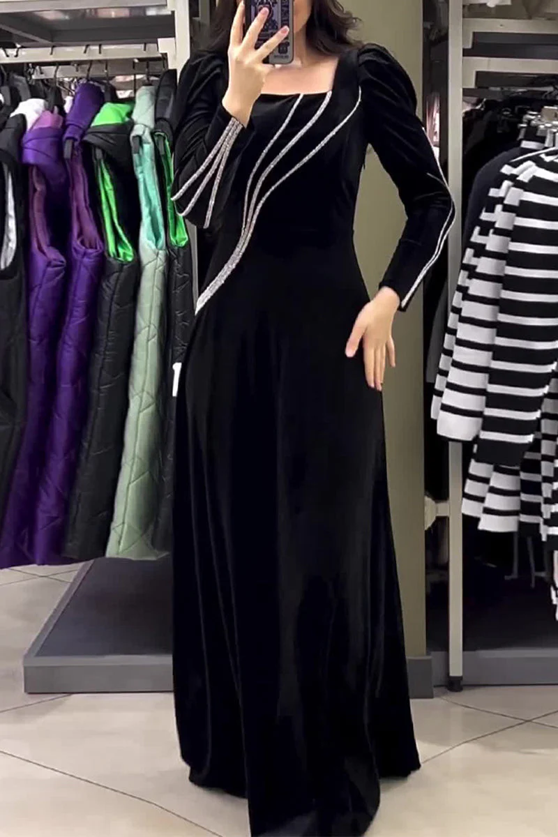 Alejandra | Elegant solid patchwork princess dress with square collar and hot drill - Image 2