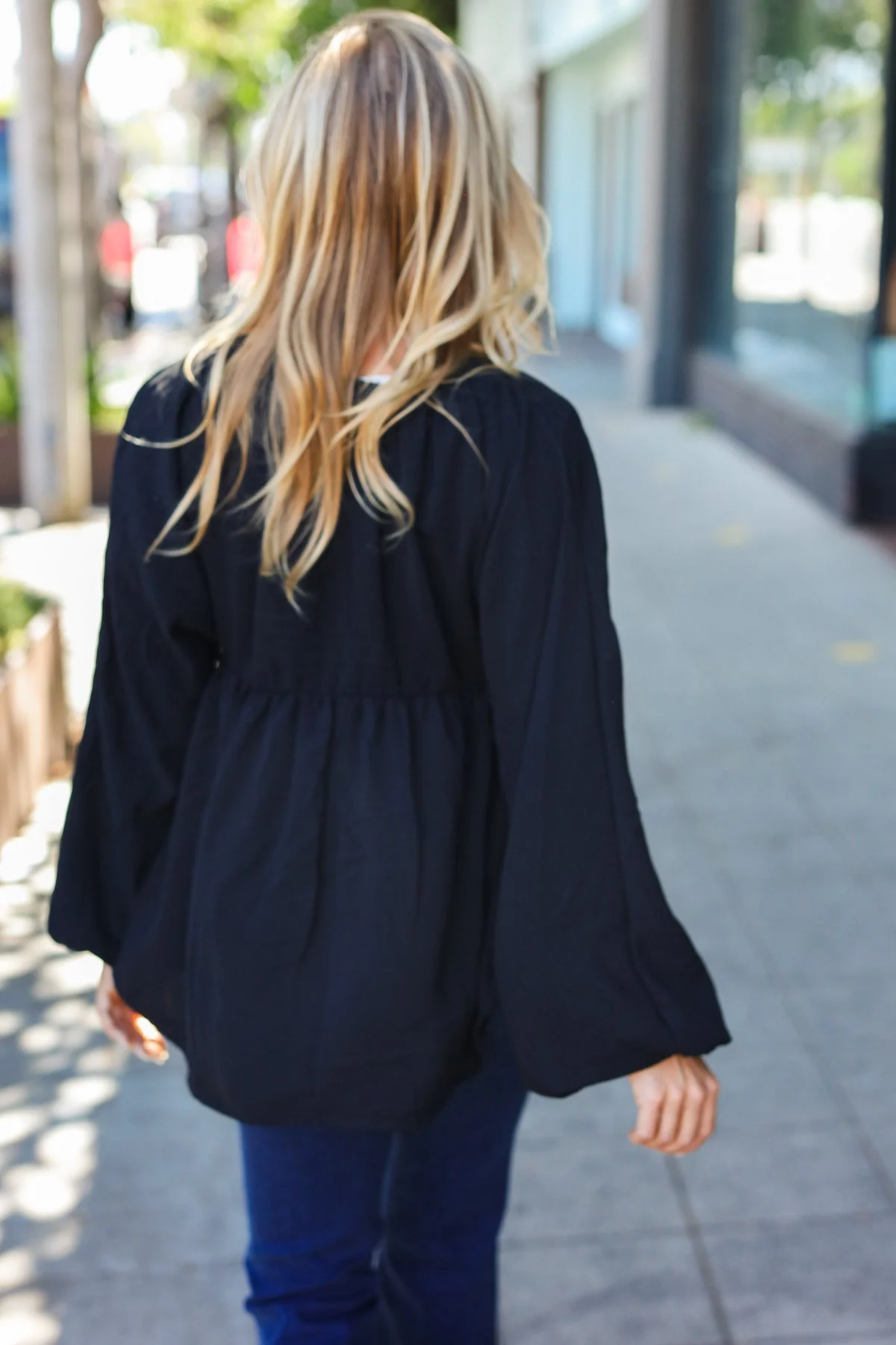 Alessa | Black plain woven V-neck babydoll top - Image 3