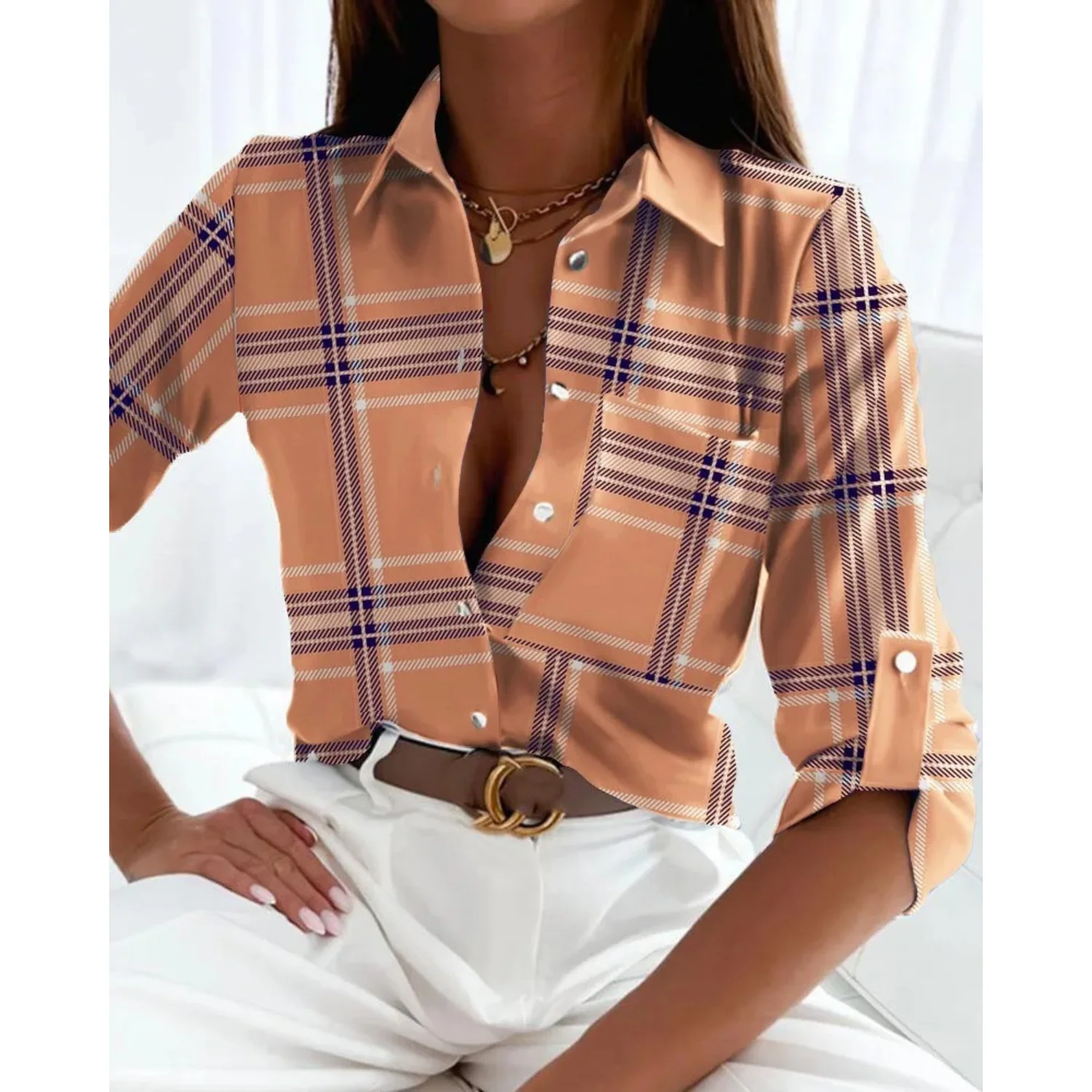 Alice | Elegant women's blouse in business style with a lined print - Image 2