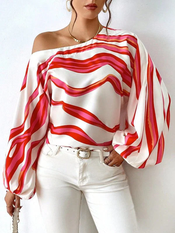 Alicia® | Elegant Loose Striped Off-The-Shoulder Long-Sleeved Blouse - Image 3