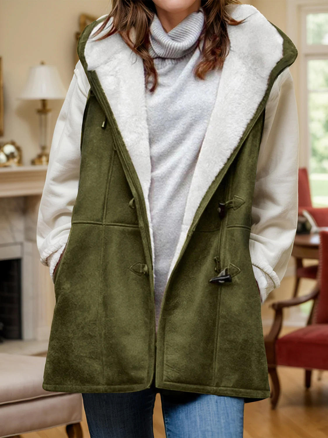Alicia | Fluffy vest coat with hood and pockets - Image 13