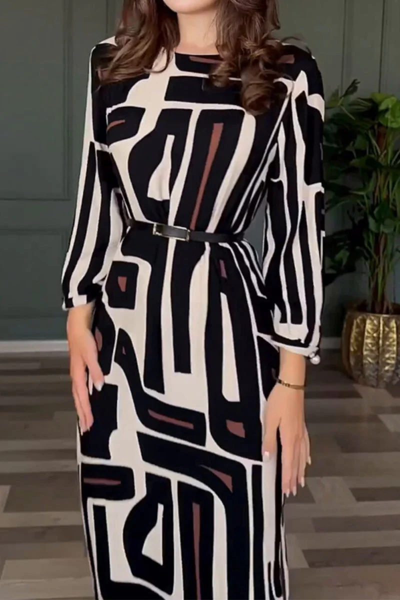 Alida | Vintage geometric print dress with slit and belt, O-neck, single tier skirt - Image 3