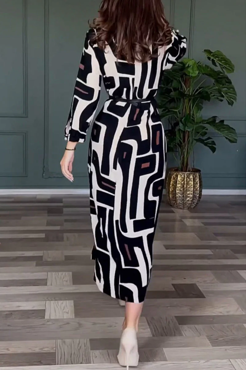 Alida | Vintage geometric print dress with slit and belt, O-neck, single tier skirt - Image 4