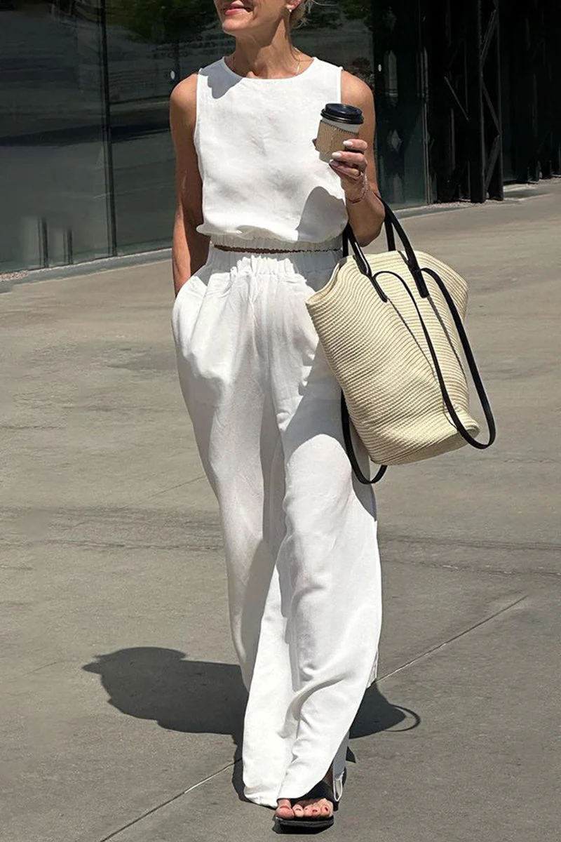 Alina | Casual simplicity, solid pocket, slit, O-neck, sleeveless, two-piece