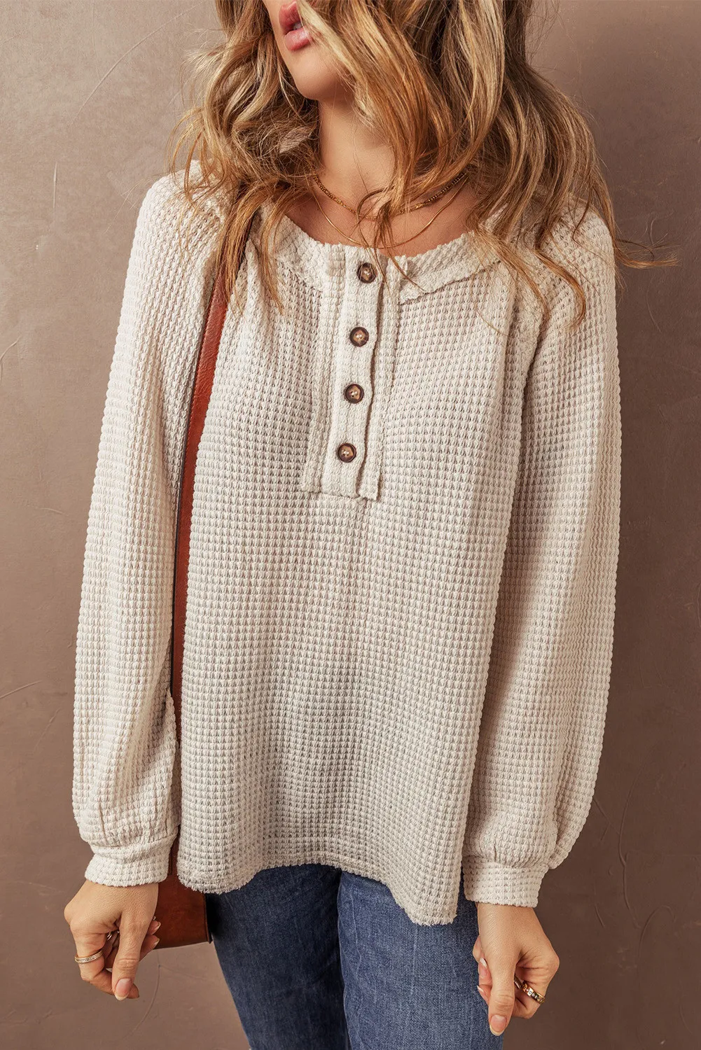 Alina | Half button waffle knit crew neck top - Image 2