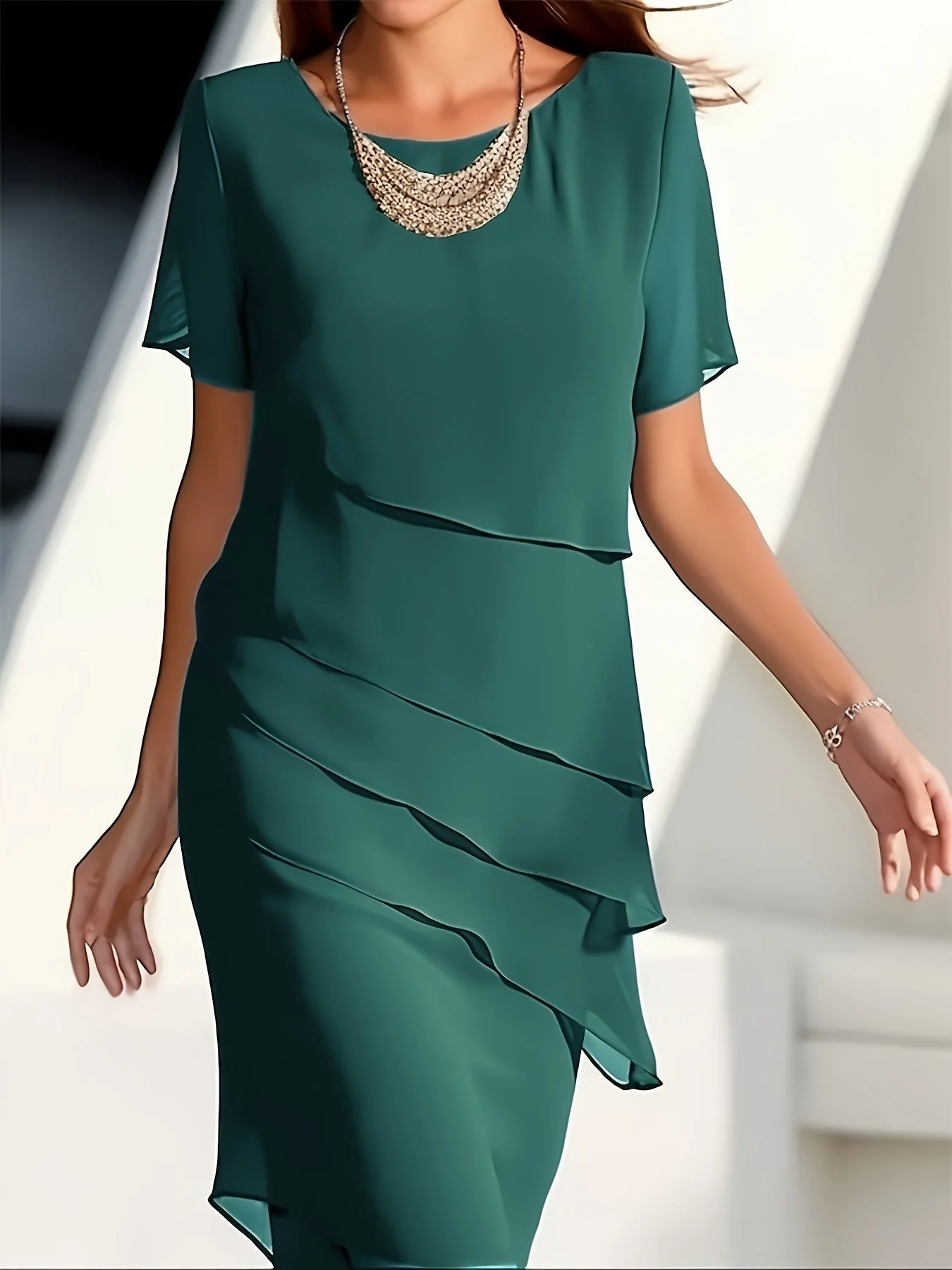 Amadis® | Cotton Layered Trim Round Neck Short Sleeve Evening Dress For Women - Image 9