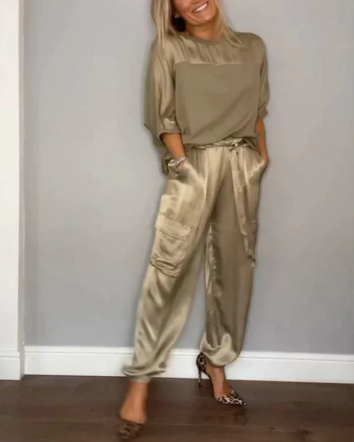 Amalia® | Women'S Two-Piece Plain Satin Top And Midi Pants Suit
