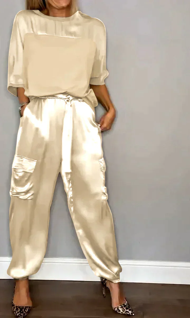Amalia® | Women'S Two-Piece Plain Satin Top And Midi Pants Suit - Image 10
