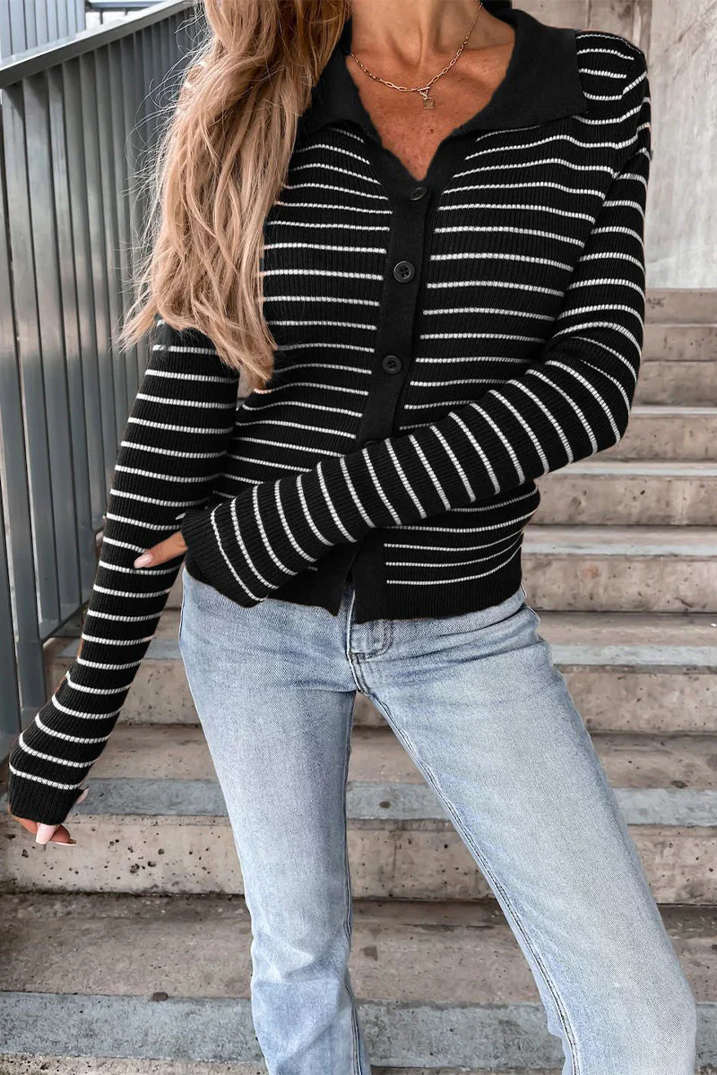 Ambra® | Striped Long Sleeve Polo Neck Button Front Blouse - Image 2