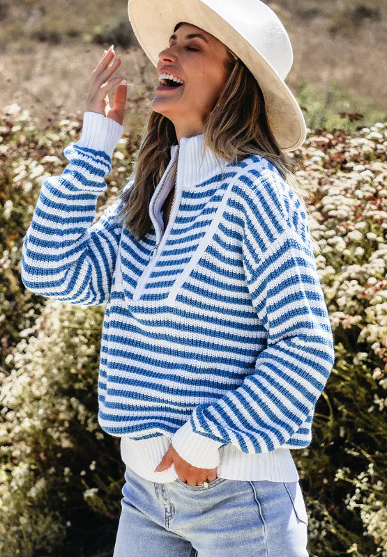Amelia | Striped long sleeve sweater with half zip and stand-up collar - Image 4