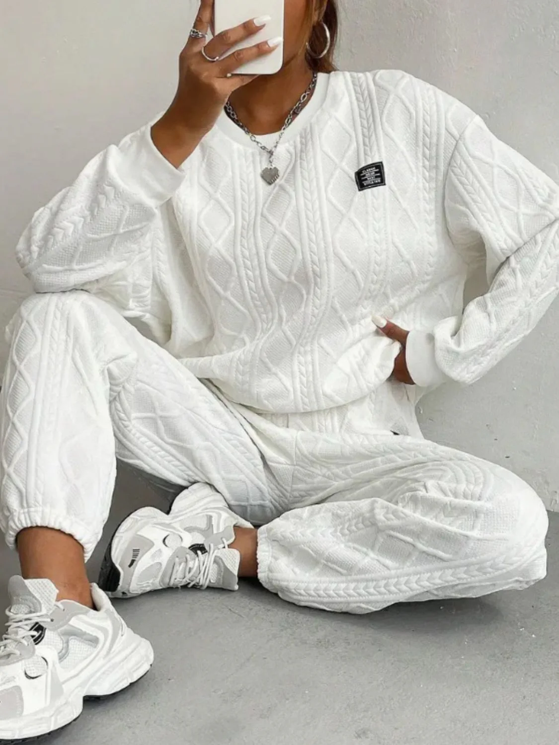 Amelie | Textured crew neck long sleeve top and pants set - Image 10