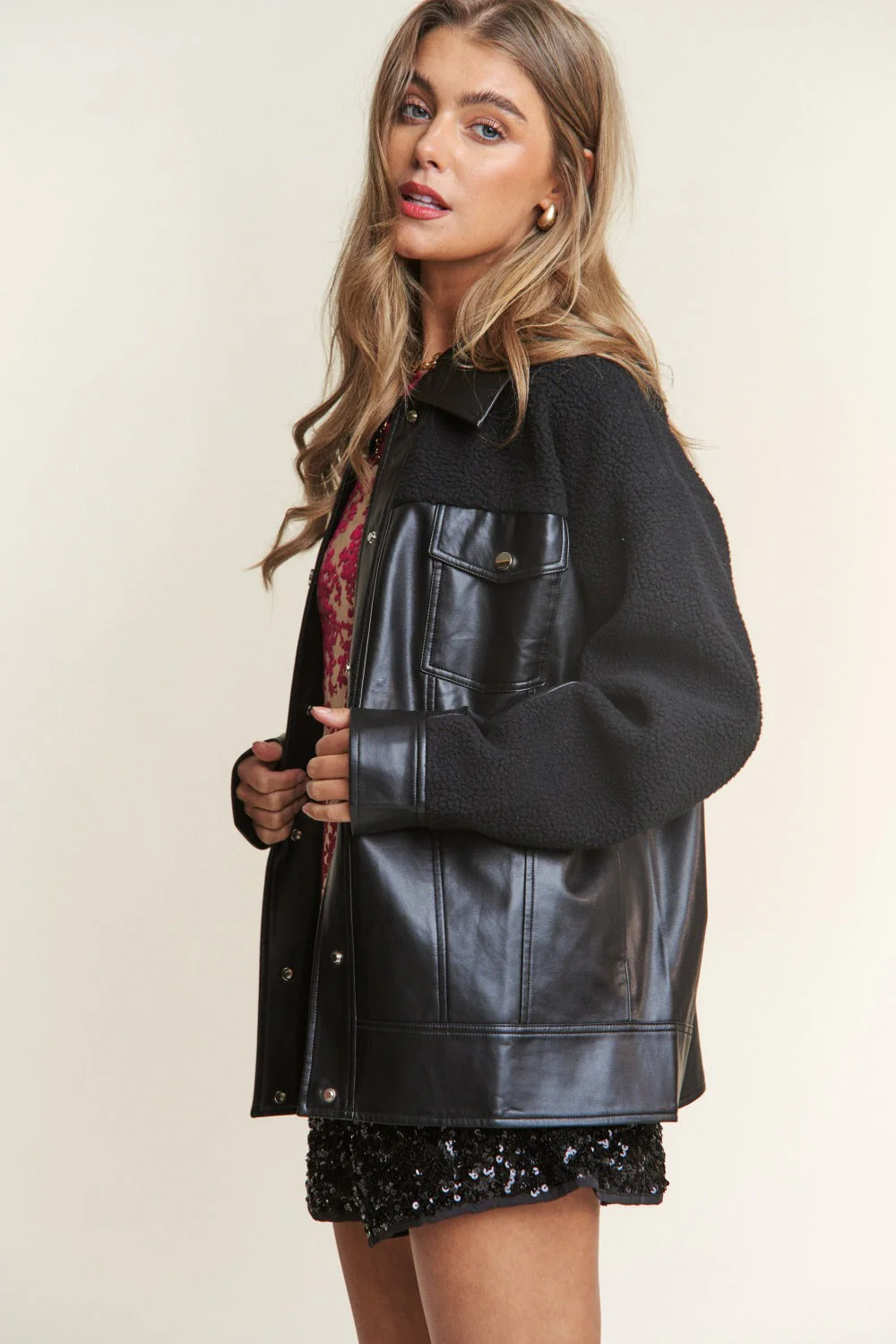 Ana | Faux leather sherpa contrast snap down jacket - Image 3