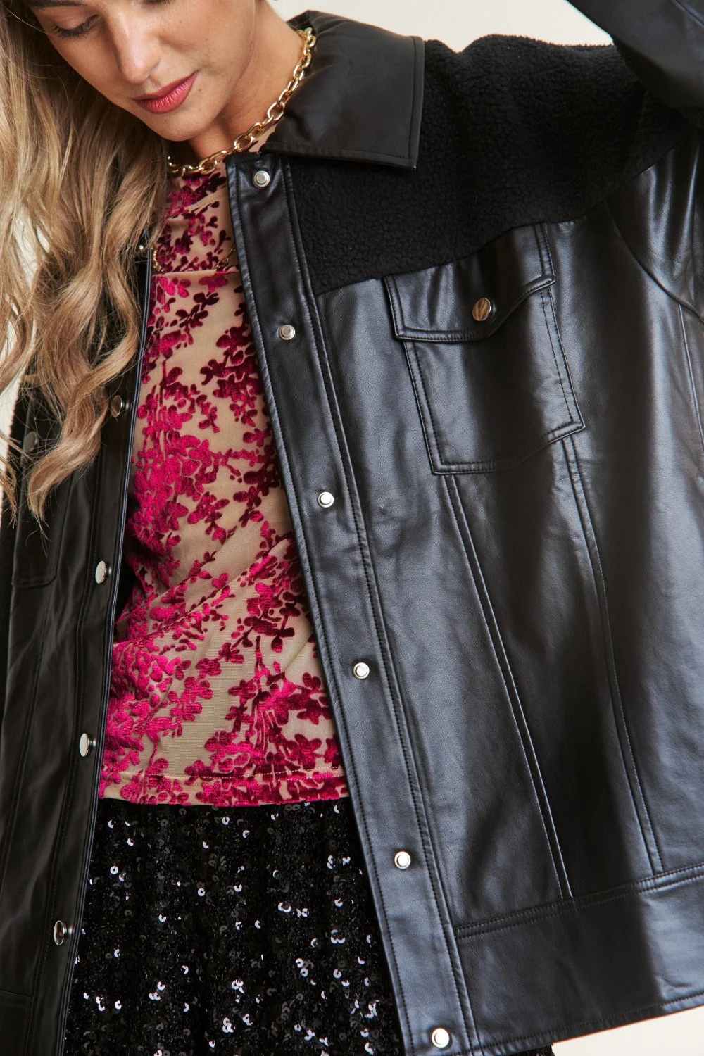 Ana | Faux leather sherpa contrast snap down jacket - Image 5