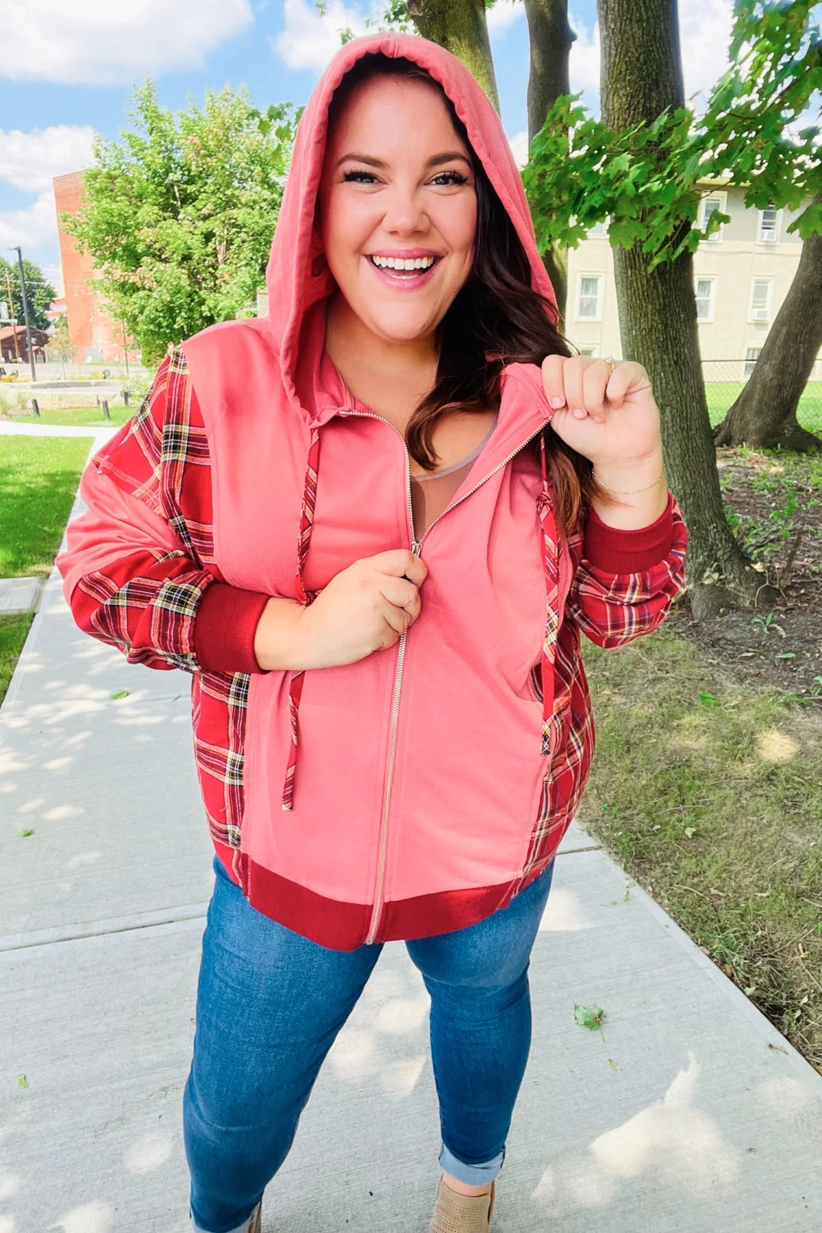 Aneta | Adorable marsala check French terry hoodie with color block zip fastening - Image 11