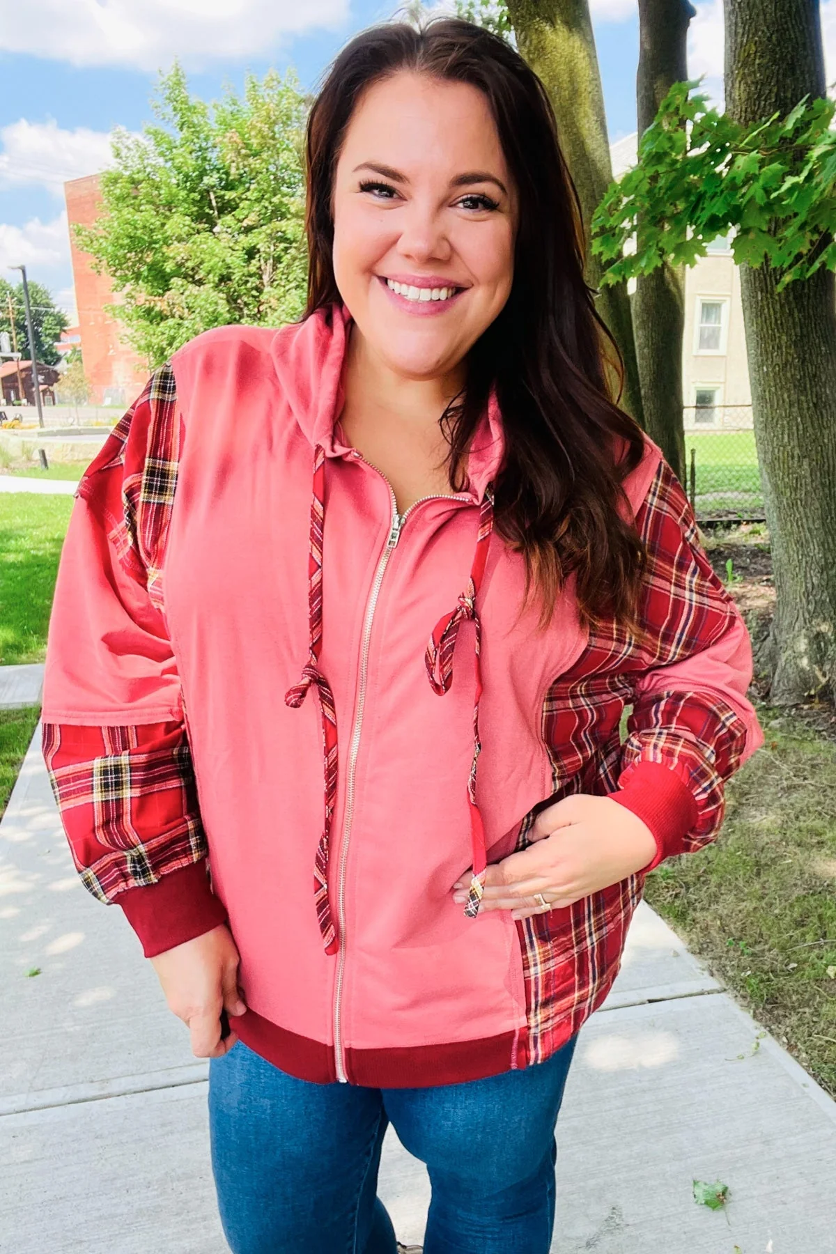 Aneta | Adorable marsala check French terry hoodie with color block zip fastening - Image 12