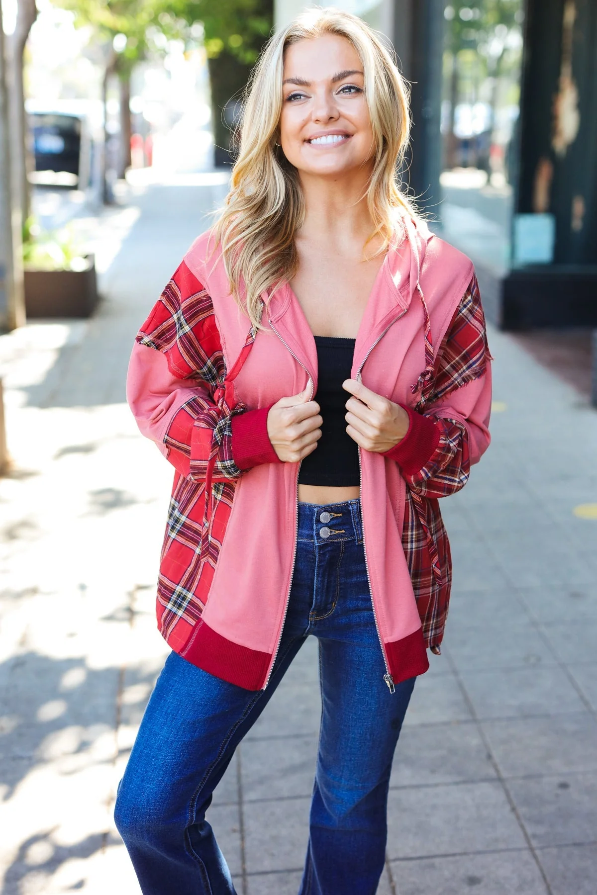 Aneta | Adorable marsala check French terry hoodie with color block zip fastening - Image 13
