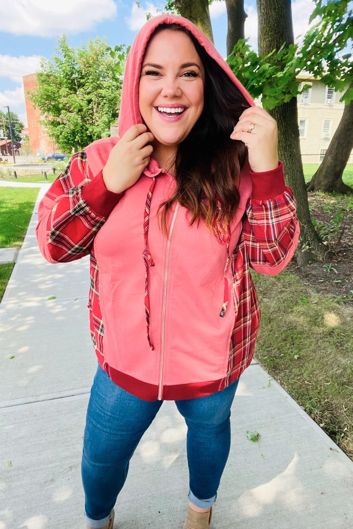 Aneta | Adorable marsala check French terry hoodie with color block zip fastening - Image 14
