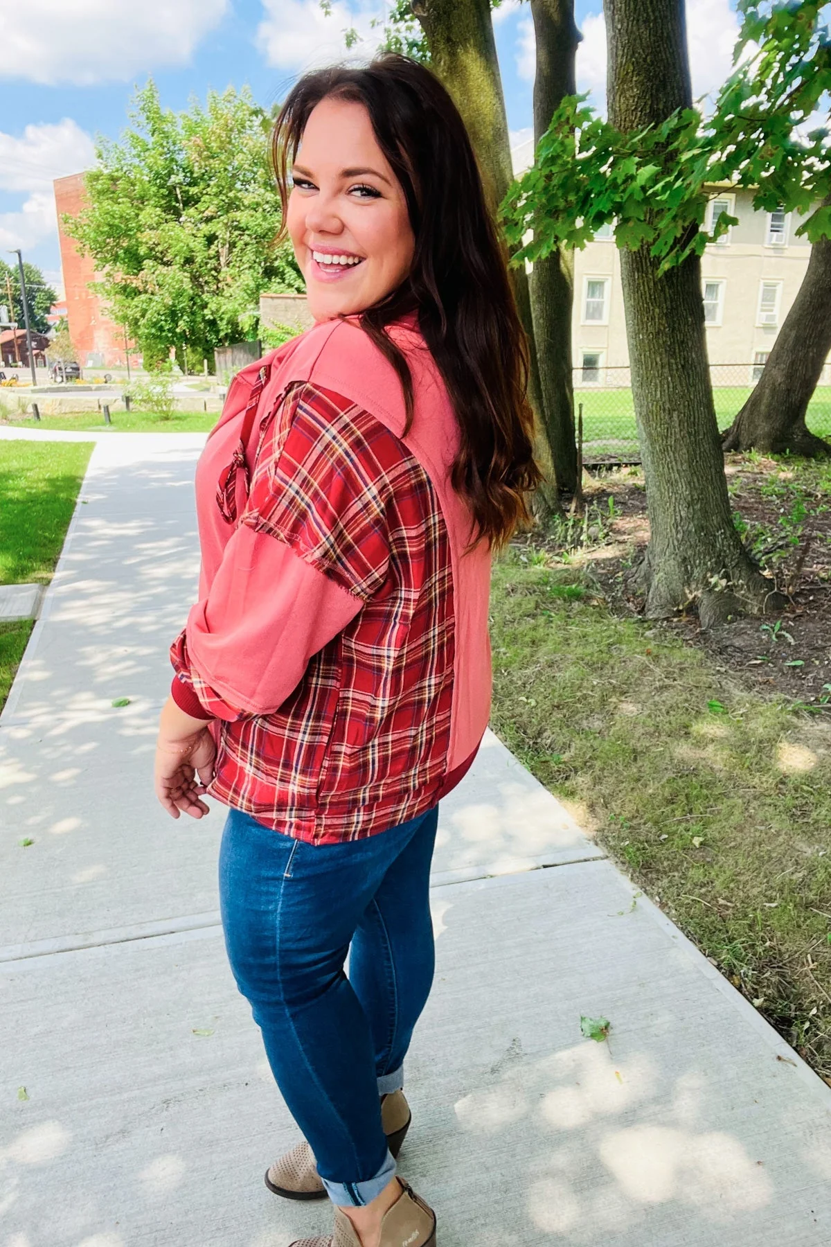 Aneta | Adorable marsala check French terry hoodie with color block zip fastening - Image 16