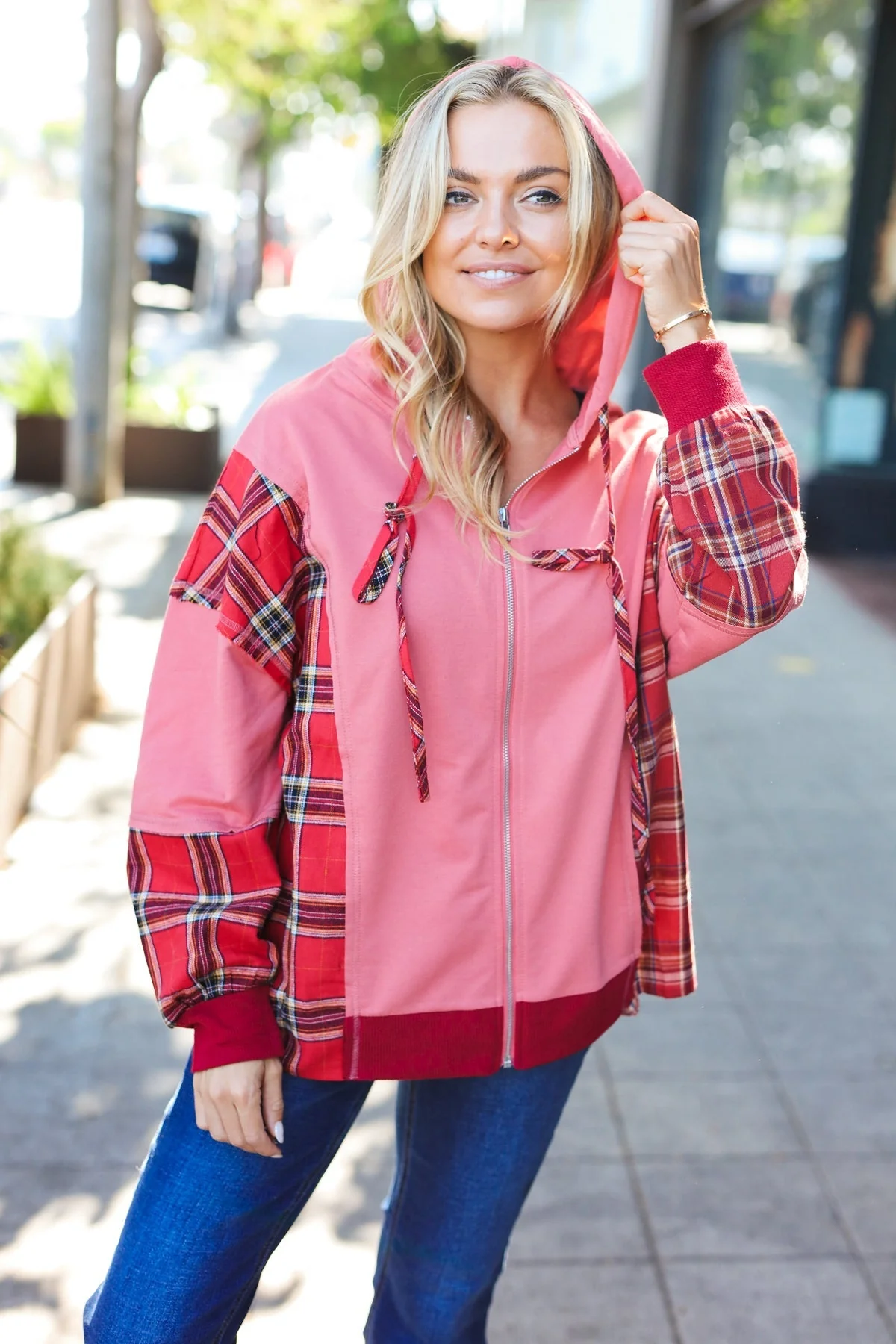 Aneta | Adorable marsala check French terry hoodie with color block zip fastening - Image 17