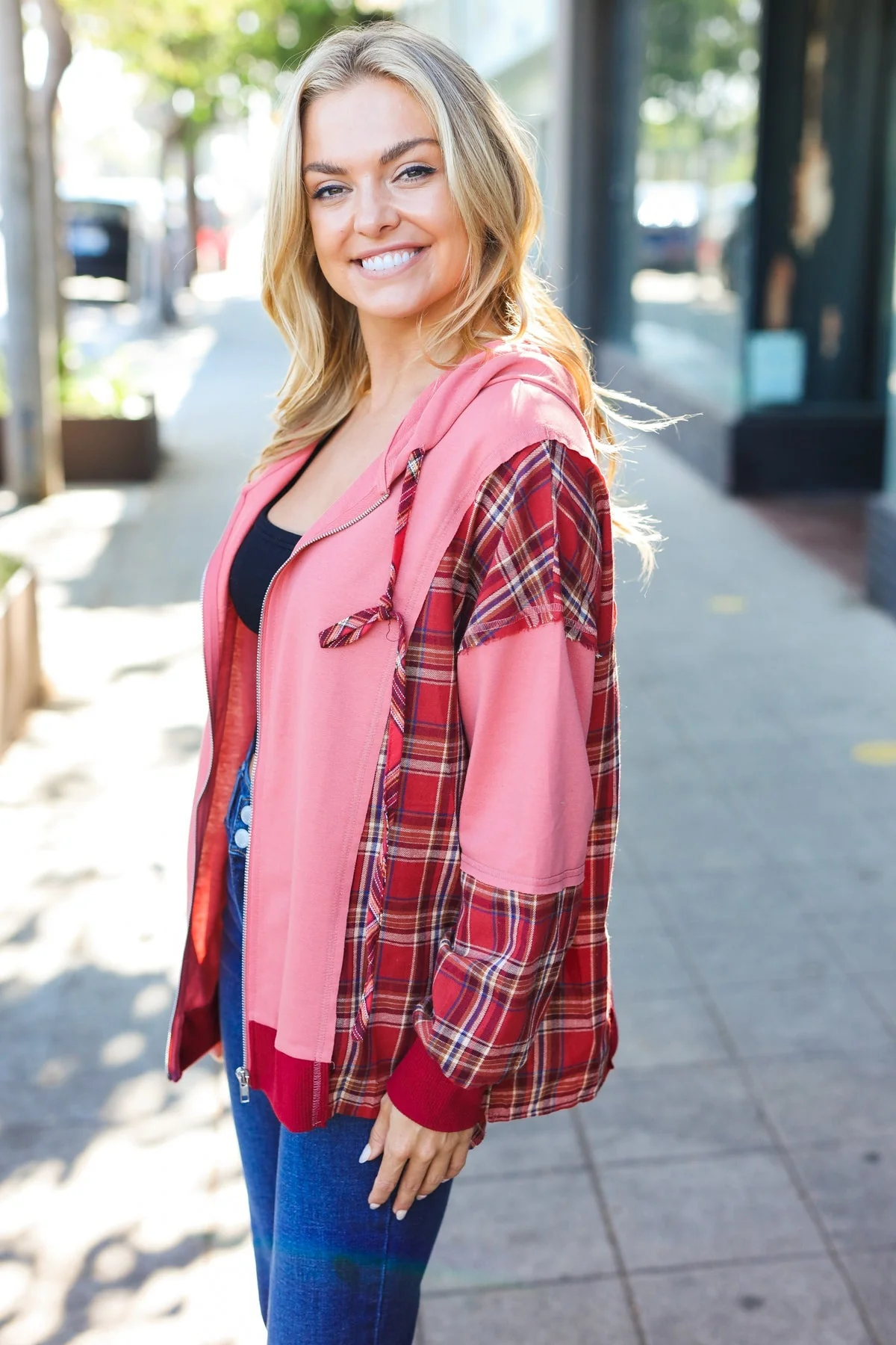 Aneta | Adorable marsala check French terry hoodie with color block zip fastening - Image 18