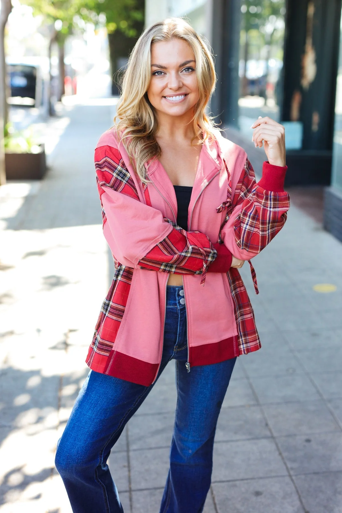 Aneta | Adorable marsala check French terry hoodie with color block zip fastening - Image 19
