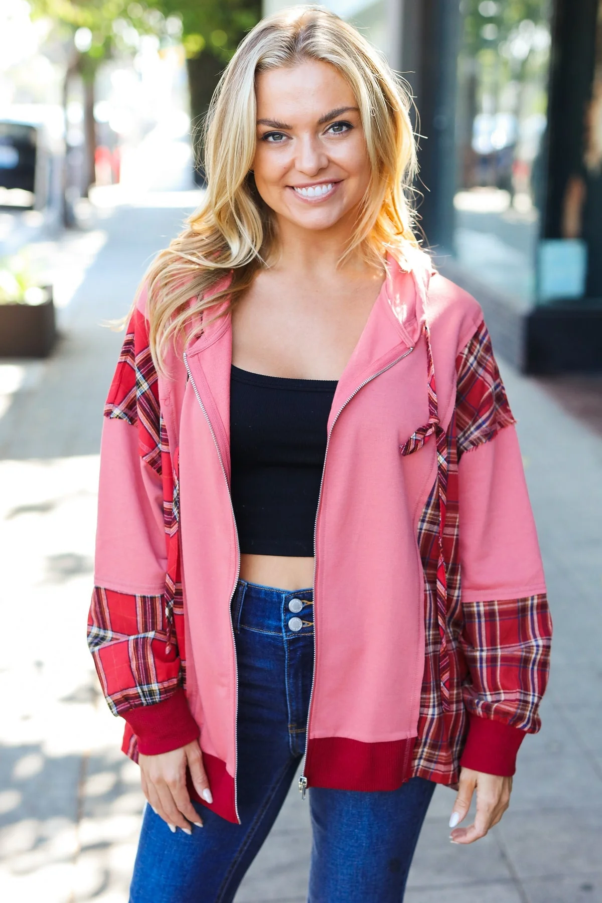Aneta | Adorable marsala check French terry hoodie with color block zip fastening - Image 20